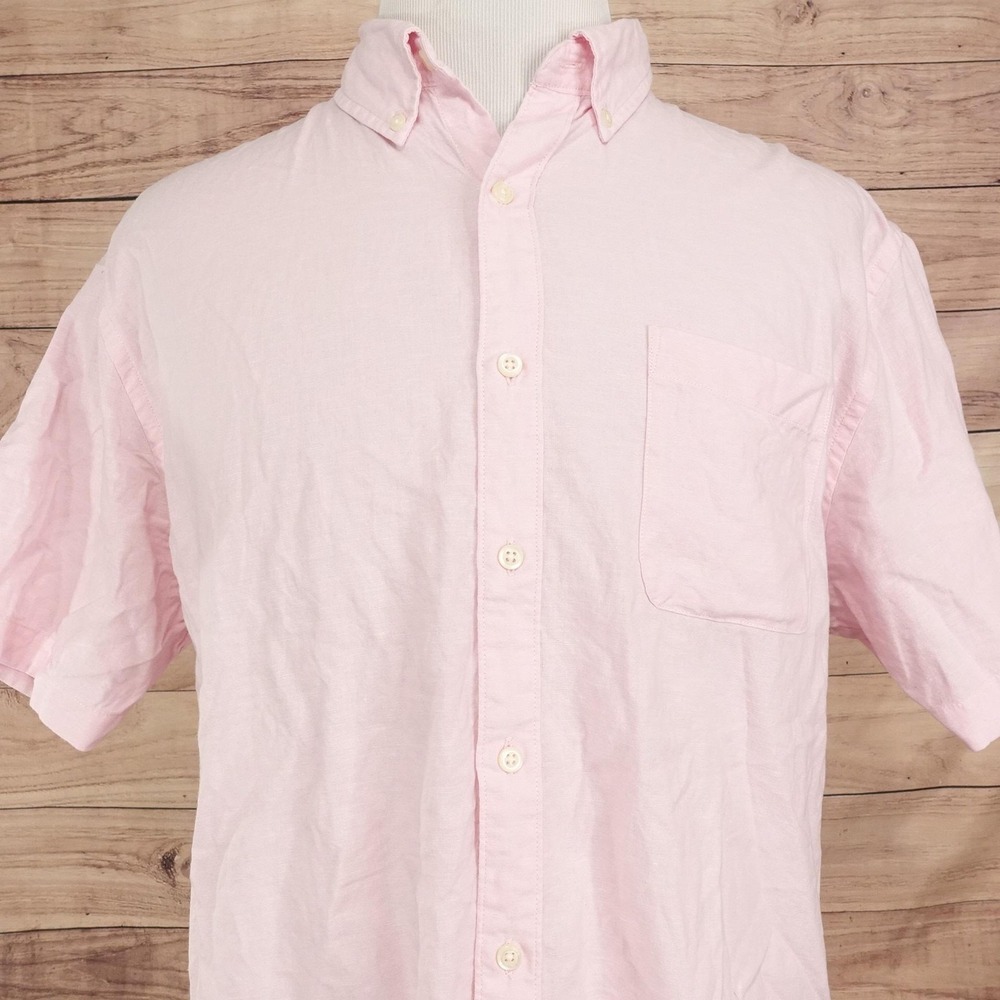Croft & Barrow Shirt Mens XL Pink Solid Short Sleeve Button-Up Linen Cotton